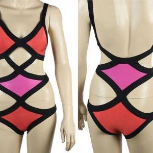 Sexy Cut Out Bandage One Piece Neon Color Monokini..
