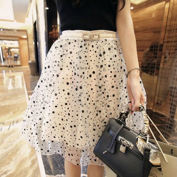 Sheer Polka Dot Chiffon Skater Skirt Tulle Vintage Elegant High Waist Midi Black White